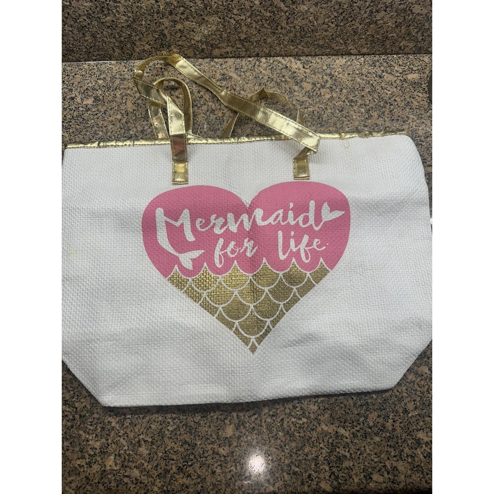 Mermaid For Life Tote Bag Womens White Pink Gold Beach Shopper Carryall Woven